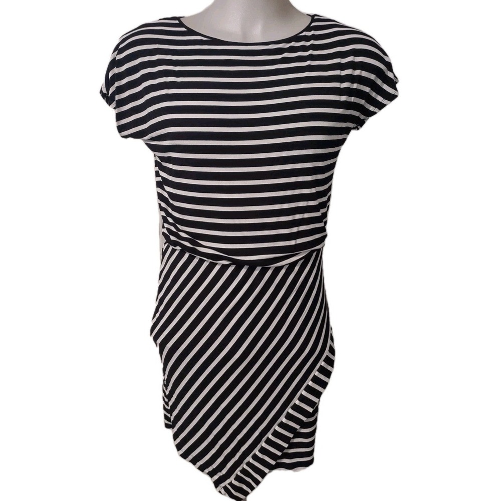 White House Black Market Dress Women's S Small Black White Striped Elastic Waist